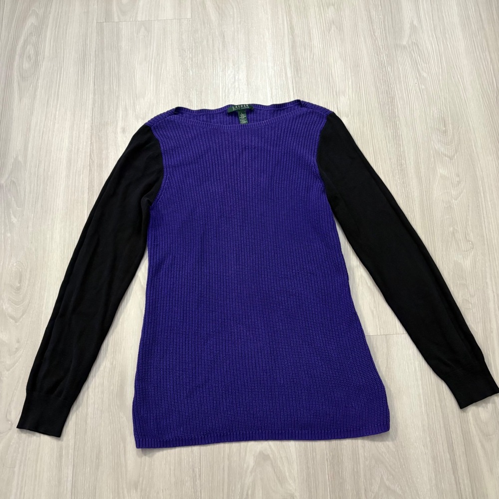 Lauren Ralph Lauren Women Sweater Purple Black Colorblock Ribbed Knit Womens L